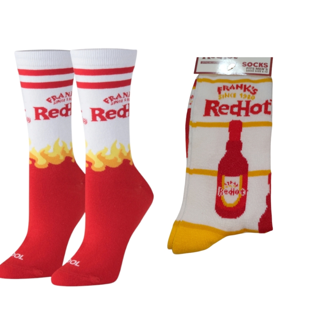3/$25 Novelty Crew Socks Unisex Frank's Red Hot Sauce, Graphic Print,